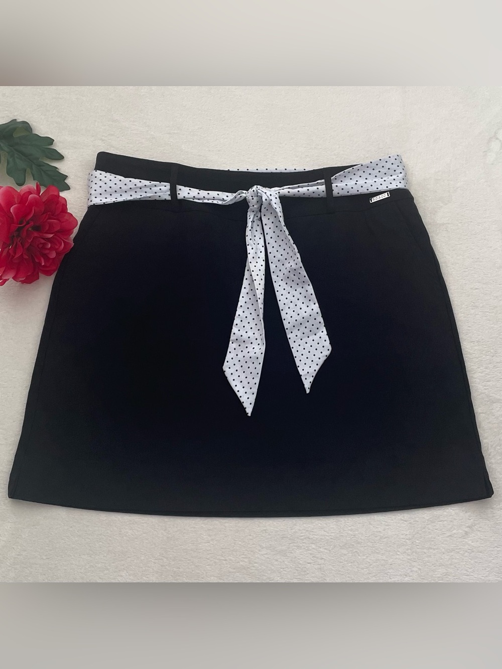 Black Mini Skirt stretch with White Polka Dot Tie Belt by